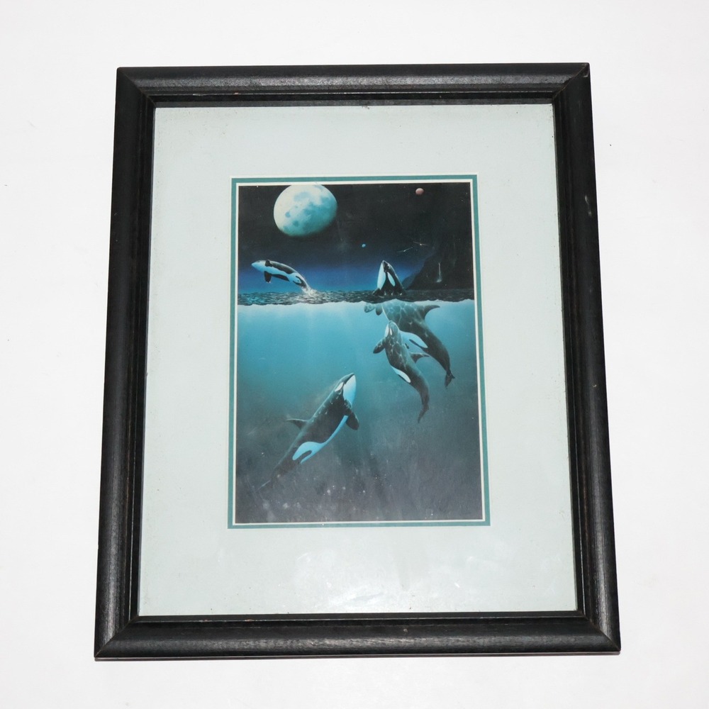 Orca Killer‎ Whales Over The Moon Small Print in 9x11" Frame Art Ocean Sea Decor